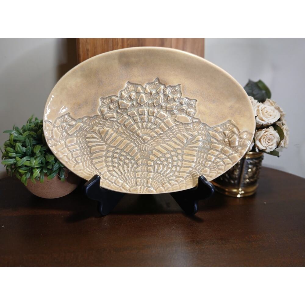 Vintage Studio Pottery Lace-Imprinted Oval Platter - Tan Glaze Handmade Ceramic